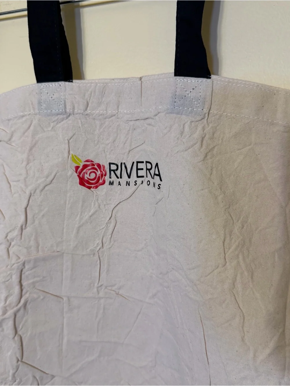 Riviera Natural Canvas Tote with Black Handles and Red Rose Logo